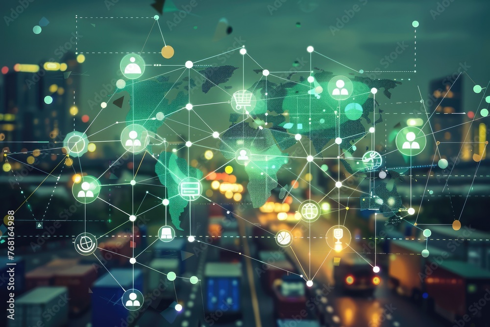 Illustration of a global digital internet marketing and business e-commerce banner graphic concept, depicting distribution and logistics.