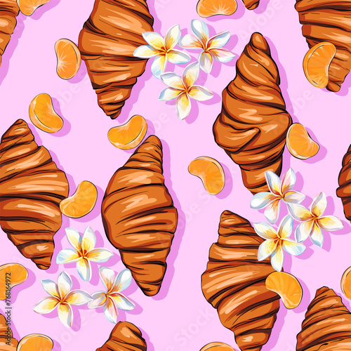 Seamless sweet vector pattern with croissant, tangerine, citrus, orange, plumeria flower. Tropical bright pattern