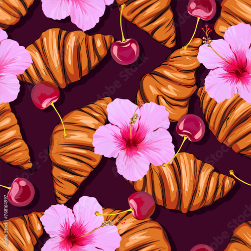 Seamless sweet vector pattern with croissant, candy, flowers, hibiscus, cherry. Tropical bright pattern