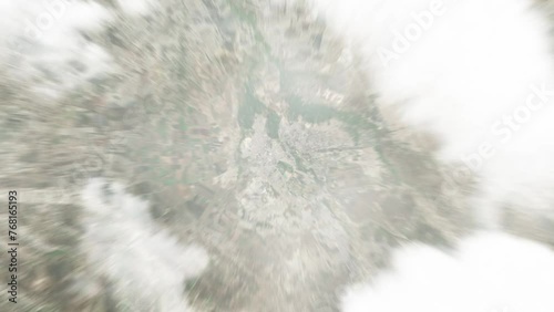 Earth zoom in from space to Meknes, Morocco. Followed by zoom out through clouds and atmosphere into space. Satellite view. Travel intro. Images from NASA