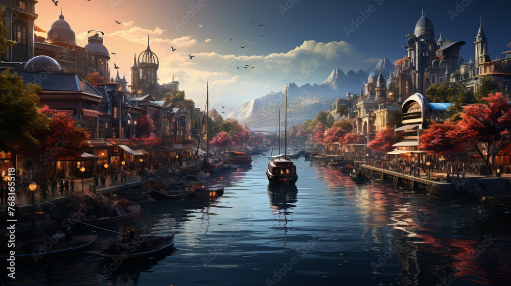 An old town scene with canal with floating boats. - obrazy, fototapety, plakaty 