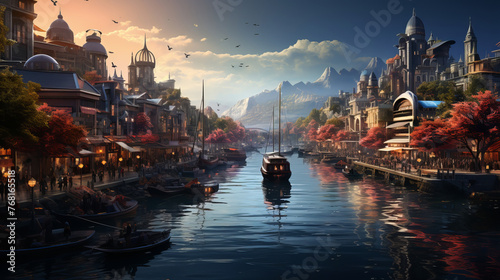 An old town scene with canal with floating boats.
