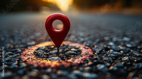 Red GPS pin depicted on an asphalt highway background.