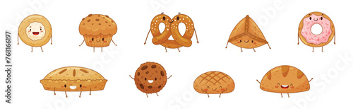 Cute Baked Pastry and Kawaii Bun with Smiling Face Vector Set