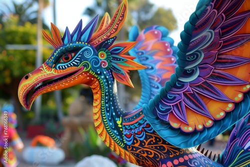 A traditional folk art alebrije, its fantastical form painted in vibrant colors