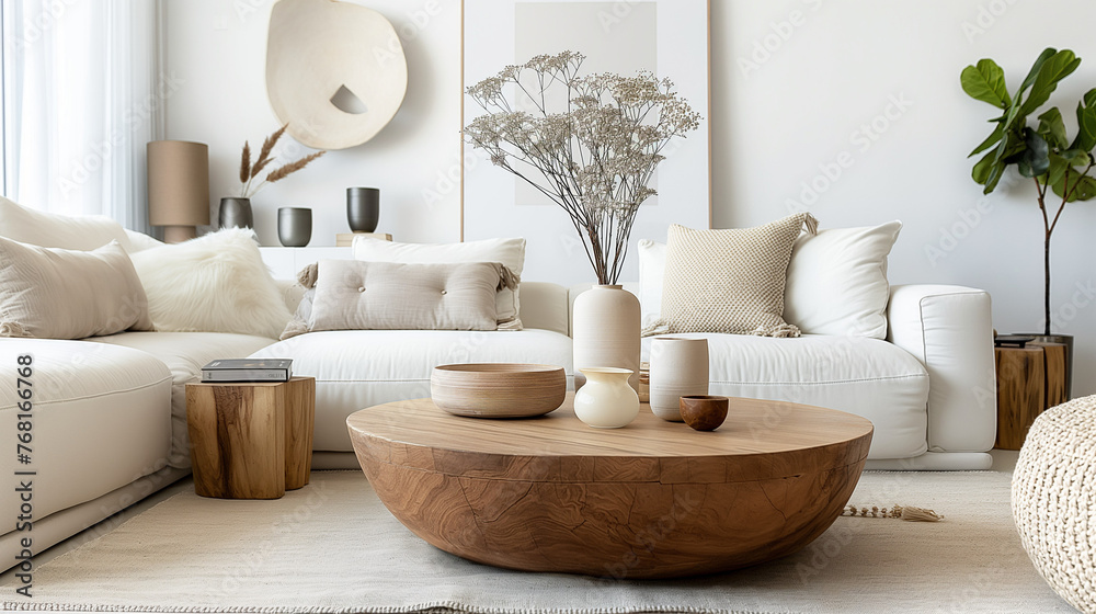 
Round wood coffee table against white sofa. Scandinavian home interior design of modern living room.