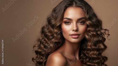 Model girl with shiny smooth healthy hair with curly hair