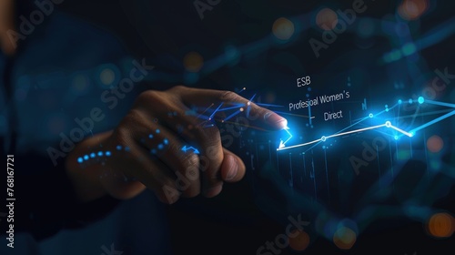 Businessman hand pointing virtual graph line growing up blue arrow on dark background. AI generated photo