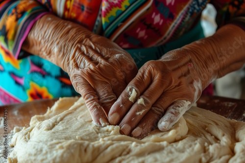 A woman's hands expertly knead masa dough, her rhythmic movements carrying the rhythm of generations