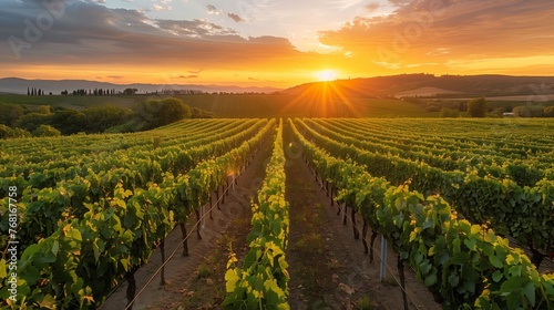 Sun Setting Over Large Vineyard