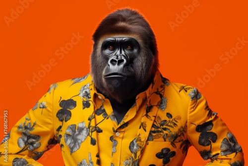 gorilla in an orange shirt, in the style of bold fashion photography