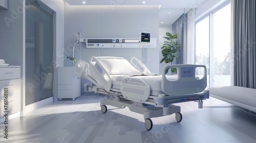 A smart hospital bed adjusting automatically to patient needs for personalized comfort and care. Text: 