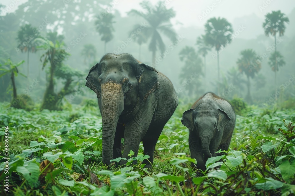 Fototapeta premium Asian Elephants in Misty Jungle Clearing
