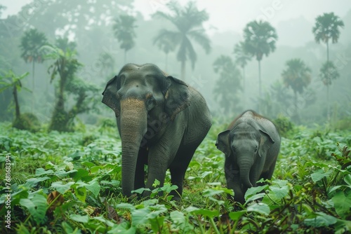 Asian Elephants in Misty Jungle Clearing © Atthasit