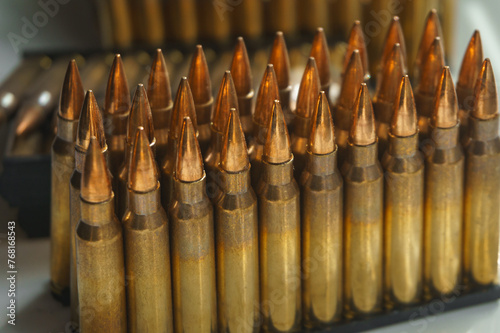 Close-up of ammunition for an assault rifle. Small-caliber ammunition for small arms.