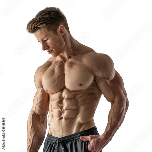 Brutal strong bodybuilder athletic man posing, Shirtless young man on isolated on transparent background PNG.