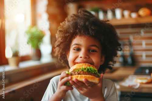 Cheerful smiling african american little boy with big hearty burger  enjoying in sunny kitchen