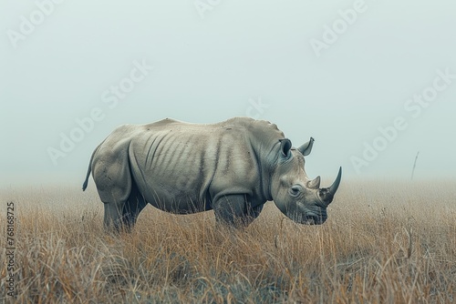 Lone Rhinoceros Roaming Misty Savannah Grassland