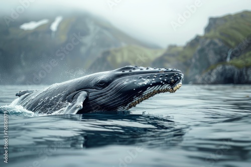 Humpback Whale Breaching in Misty Ocean Landscape © Atthasit
