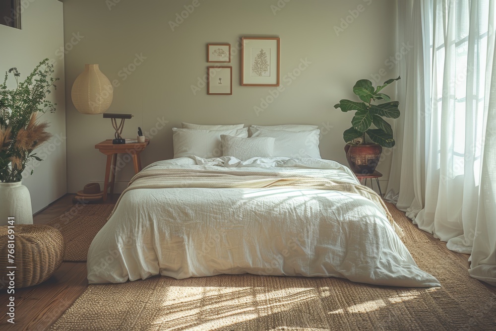 Fototapeta premium Sun-Kissed Bedroom with Comfortable White Bedding