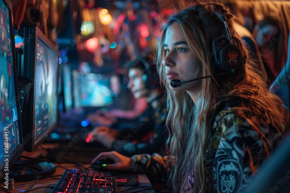 Focused Gamer Girl Engaged in Competitive Gaming Event Focused Gamer Girl Engaged in Competitive Gaming Event