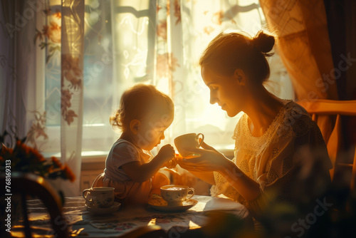 Craft a cozy scene with a mother and child sharing tea or coffee, soft sunlight through a window photo