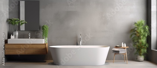 A white bath tub sits next to a white sink in a stylish bathroom with gray walls and a concrete floor. The clean and minimalist design adds a modern touch to the space.