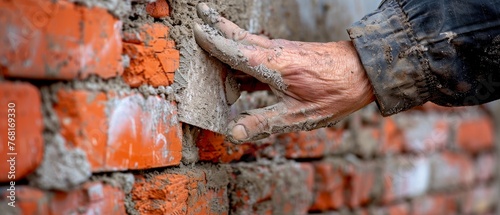 Close-up of a dirty, weathered hand laying bricks on a construction site, depicting hard work and manual labor.