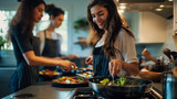 Young woman, surrounded by her friends, leads the cooking endeavor with confidence and creativity, orchestrating the culinary symphony with finesse.