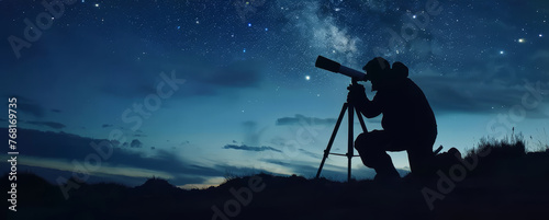 Silhouette of an amateur astronomer using a telescope to explore the starry night sky. Concept of discovery, astronomy, and science. photo