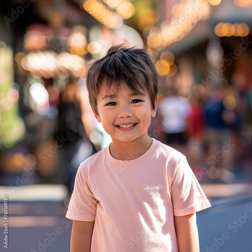 photo of a cute japanese 5 year old boy smiling, facing forward, wearing a light pink bella Canvas 3001 T shirt, at magic kingdom fantasyland