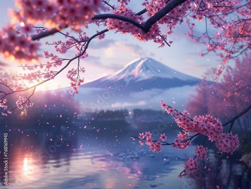 Blooming cherry blossoms with Mount Fuji in the background, serene dawn , cinematic