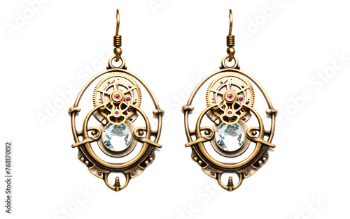 Ornate Brass with Glass Earrings Isolated On Transparent Background PNG.