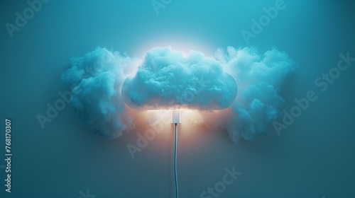 Visual representation of a white cloud storage system connected with a USB wire against a blue background, symbolizing data storage and transfer in cloud computing environments.
