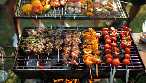 Group of friends having party outdoors. Focus on barbecue grill with food