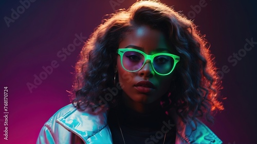 Portrait of a stylish young black girl in close-up  a girl with straight hair wearing glasses  fashionable clothes