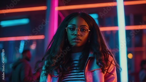 Portrait of a stylish young black girl in close-up, a girl with straight hair wearing glasses, fashionable clothes