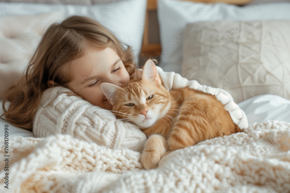 Little girl with smile cuddling her beloved orange tabby cat on soft, comfy white bed Little girl with smile cuddling her beloved orange tabby cat on soft, comfy white bed