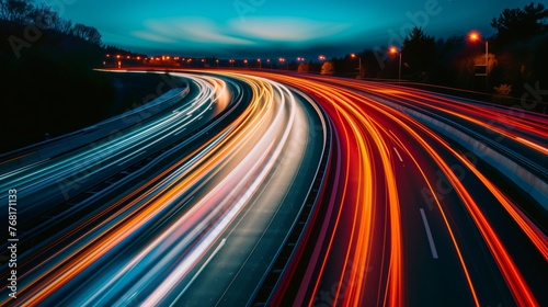 Moving car lights on highway at night long