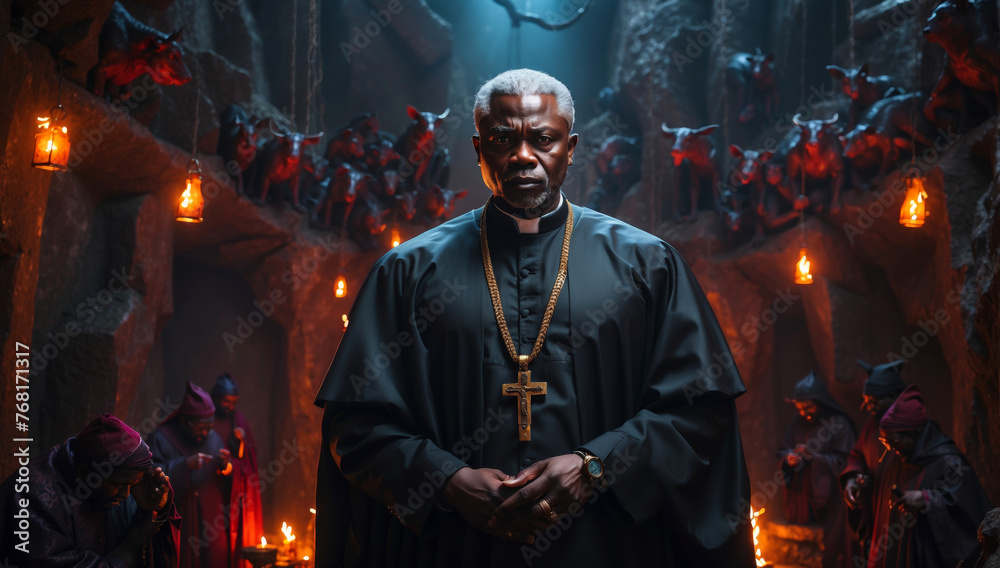 A black priest surrounded by demons