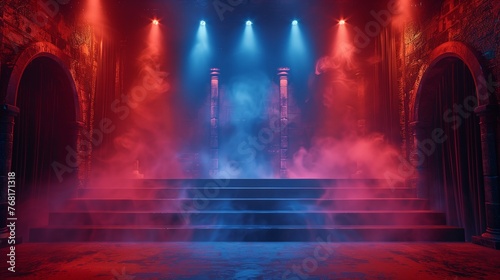 Vibrant Stage With Red and Blue Smoke