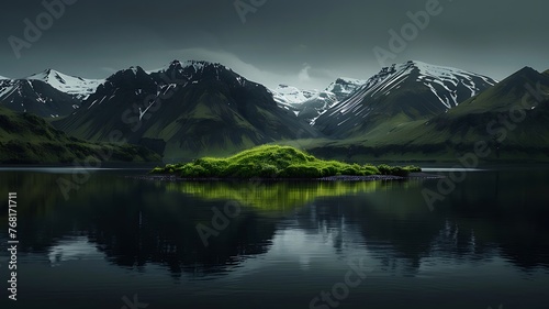 A lake surrounded by green mountains with snow capped peaks in the distance and an island covered in grass. Lake in the mountains. Icelandic scenery tranquillity beautiful mountain lake landscape photo