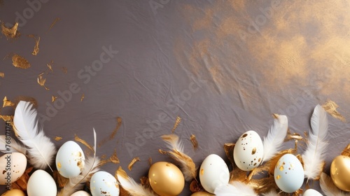 Empty space for text, a banner of happy Easter. Painted golden eggs, white feathers.