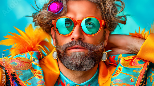 Fashionable Man with Colorful Feather Details. Unique and stylish perspective on modern masculinity and creativity photo