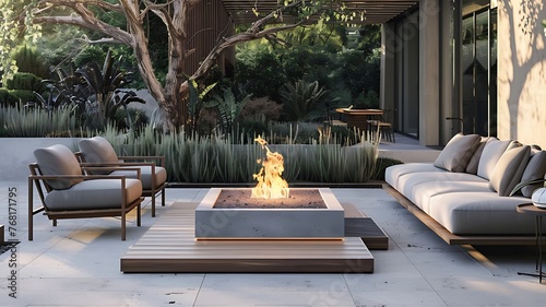 Rectangular industrial fire pit with white concrete base. Outdoor patio. Seating area. Large open flame fireplace. Rocked floor. Green plants. Wooden fence. Modern design furniture. daytime.