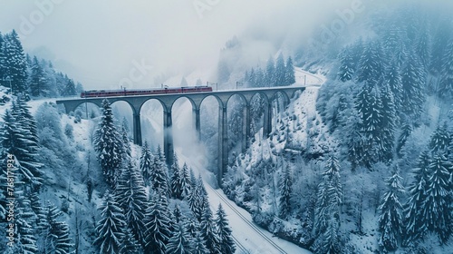Majestic Journey Through the Swiss Alps Aerial View of a Train Traversing the Landwasser Viaduct in Winter