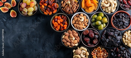 A top view of an fruits assortment of dried fruits including dates, prunes, apricots, raisins, and a variety of nuts, placed in separate bowls, presenting a selection of Ramadan & special event foods