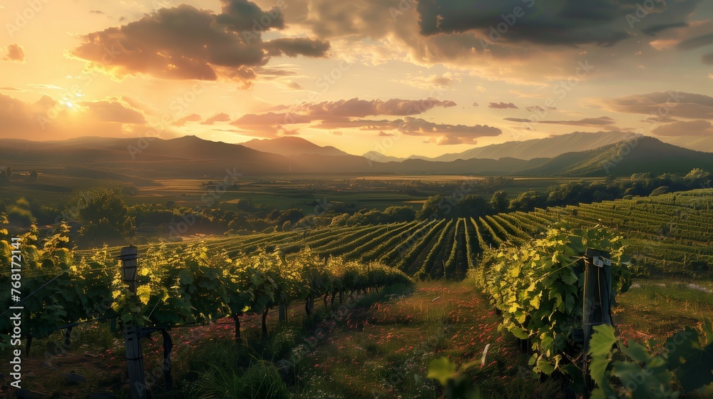 Sun Setting Over Vineyard in Mountains