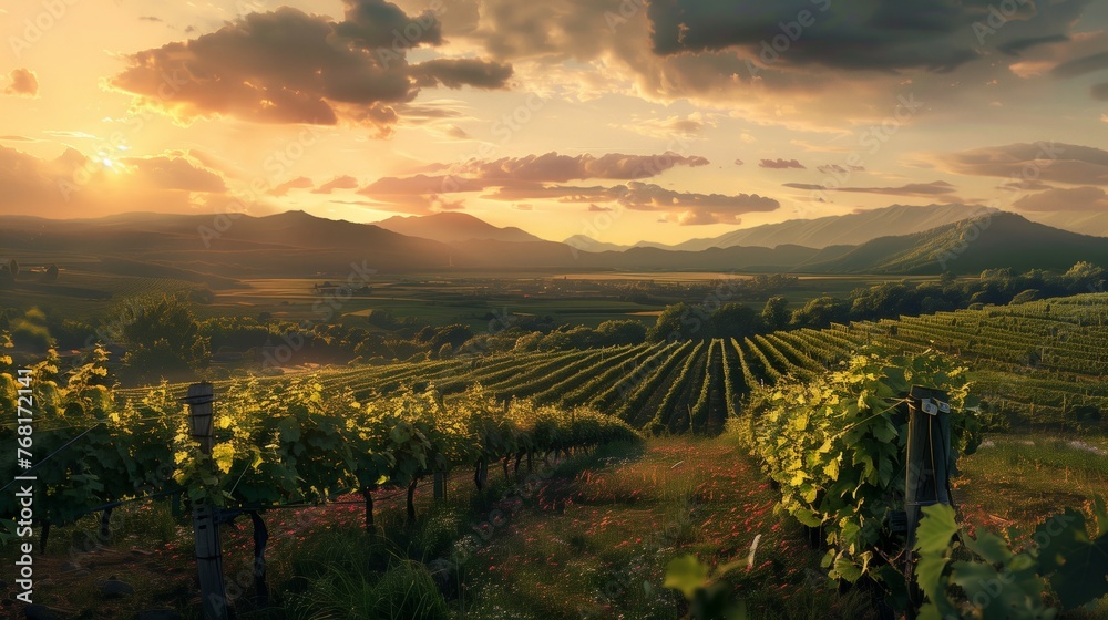 Fototapeta premium Sun Setting Over Vineyard in Mountains