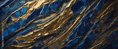 Polished natural granite marbel for ceramic digital wall tiles, Blue and Gold Abstract Painting on a Luxurious Marble Acrylic Background: A Close-Up View, golden dust and agate stone swirls and veins.